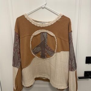 Three Bird Nest Patchwork Peace Sign Hoodie - Brown and Cream